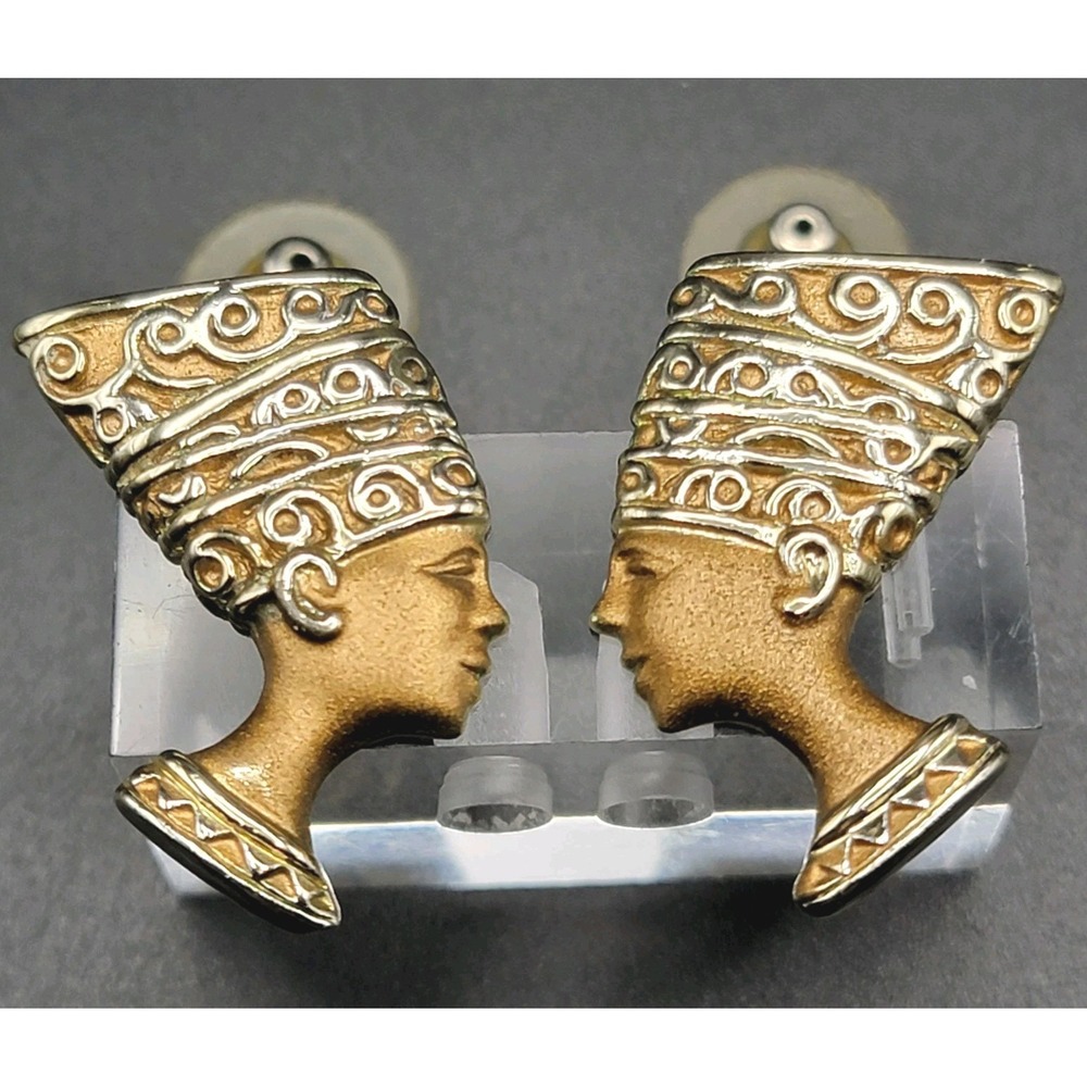 Vintage Nefertiti Head Earrings Gold Tone Egyptian Queen Figural Statement